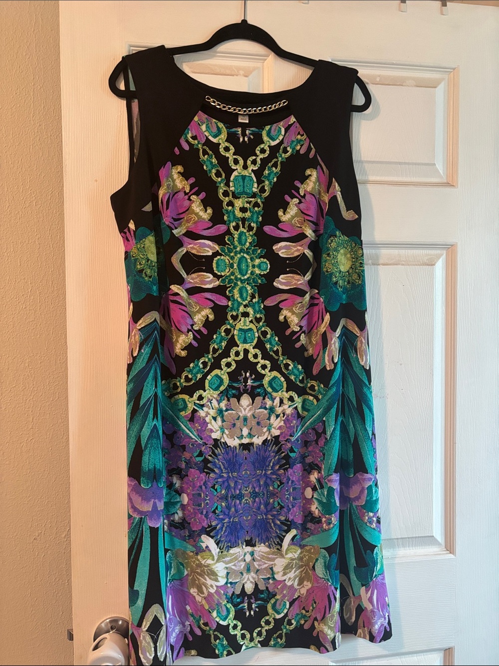 Sleeveless Black Mini Dress with Teal & Purple Floral Chain Print